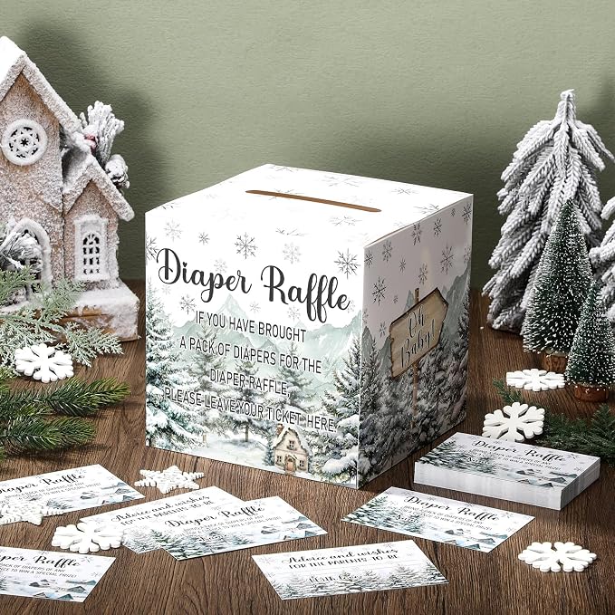 Teling 51 Pieces Diaper Raffle Tickets with Card Box Baby Shower Decorations Gender Reveal Holder Box for Girl Boy Diaper Raffle Party (Baby It's Cold Outside)