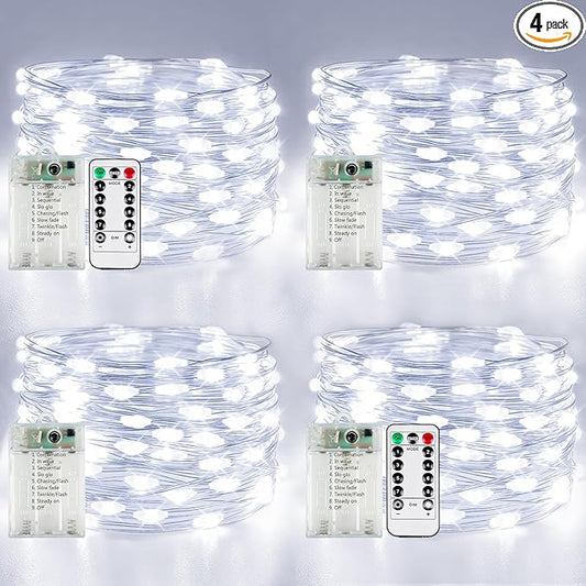 4 Pack Fairy Lights Battery Operated with Remote Control Timer, 26 FT 80 LED String Lights Outdoor Indoor, 8 Mode Twinkle Lights for Christmas Party Wedding Birthday Bedroom Décor (Cool White)