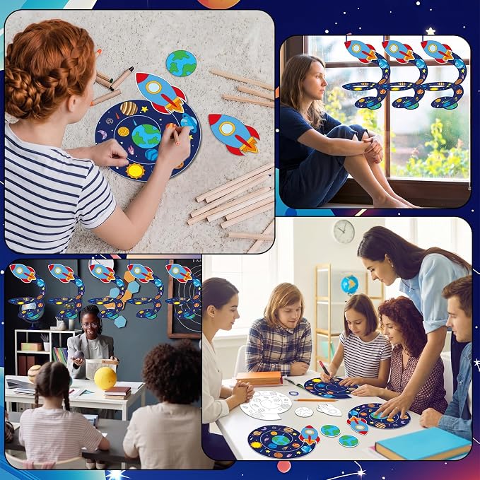 24 Sets DIY 3d Rocket Crafts Kits Color Your Own Outer Space Hanging Decor Coloring Rocket Orbit Paper Art Craft for Space Birthday Party Supplies School Classroom Home Activities Game Gift