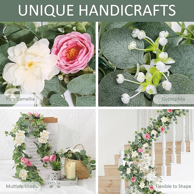 TOCHGREEN 4 Pack Artificial Eucalyptus Flower Garland with White Pink Roses, Fake Rose Flower Greenery Garland Floral Vines for Wedding Home Party Table Runner Decor (White Pink, 4PCS)
