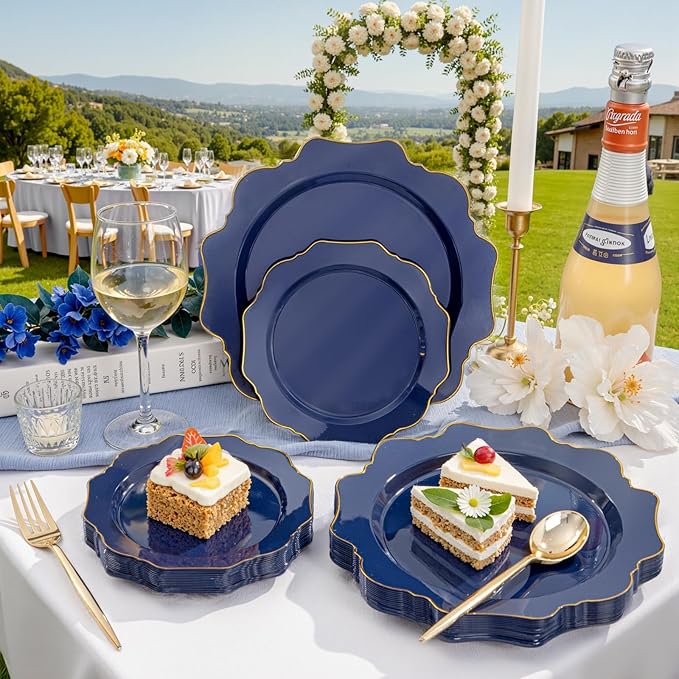 WDF 200pcs Blue Plastic Plates - Navy Blue Plates Disposable - Heavy Duty Plastic Plate for Weddings/Parties/Birthday/Graduation