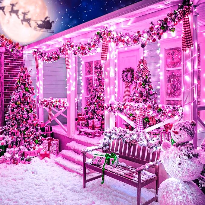 132 FT 400 LED Pink Christmas String Lights, Christmas Lights Outdoor with Waterproof 8 Modes, Plug in Clear Wire Twinkle Fairy Lights for Valentines Day Wedding Party Tree Holiday Decorations