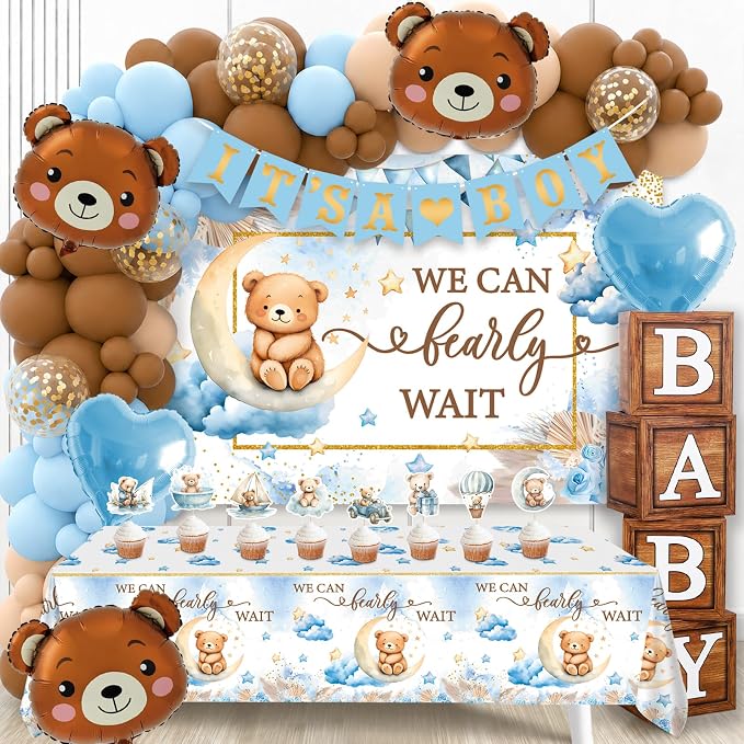 We Can Bearly Wait Baby Shower Decorations -Teddy Bear Boho Balloons Banner Boxes Cupcake Topper, We Can Bearly Wait Sign Backdrop Tablecloth, Boy Baby Shower Decorations Gender Reveal Party Decor