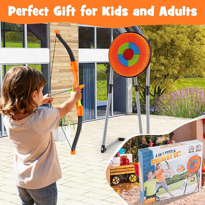 Costzon Axe Throwing Target Game for Backyard, 4 in 1 Kids Throwing Game w/5 Arrows, 3 Throwing Axes, 3 Ninja Darts, 3 Darts, Bristle Target & a Bow -Boys & Girls Indoor Outdoor Carnival Game Gifts