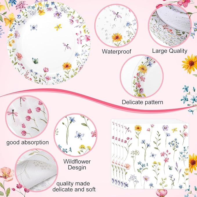 Pickmesh 400 Pcs Wildflower Party Supplies Floral Baby in Bloom Tableware Include Disposable Paper Plates Napkins Cups Cutlery for Spring Summer Picnic Tea Baby Shower Party Decorations Serve 50