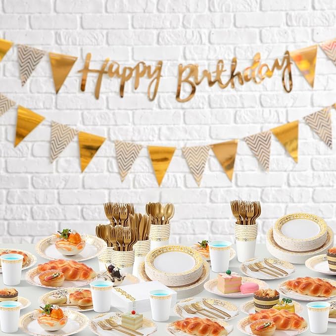 Didaey 700 Pcs Disposable Dinnerware Set for 100 Guests Include 200 Paper Plates, 300 Plastic Silverware, 100 Paper Cups, 100 Napkins for Wedding Birthday Party Supplies (White Gold Pattern)