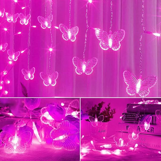 Butterfly Curtain Fairy Lights USB Plug in,120 LED 8 Modes 20FT Firefly Twinkle Icicle String Lights with Remote Timer Waterproof Copper Wire for Bedroom Patio Christmas Wedding Party Dorm(Pink)