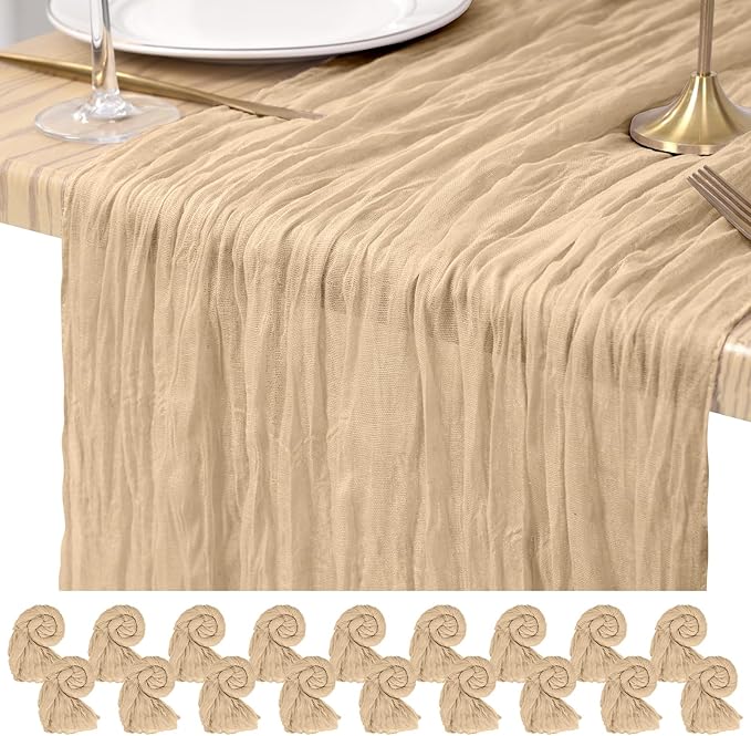 18 Pack Cheesecloth Table Runner Beige 10Ft Rustic Boho Gauze Table Runner Romantic Long Sheer Fabric Cheesecloth Table Runner for Wedding Festival Birthday Anniversary Dinner Outdoor Events