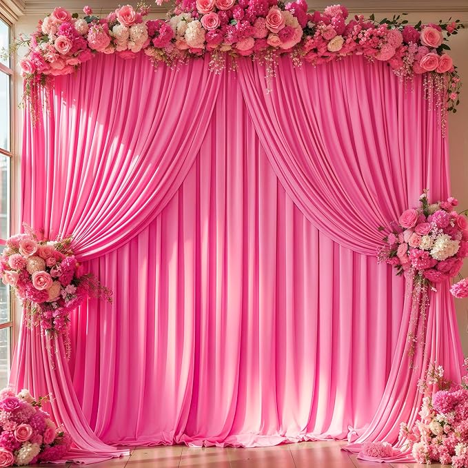 Hot Pink Backdrop Curtain 6 Panels-Wrinkle-Free Polyester Photography Drapes for Wedding Party Photo Background Decorations- 24 X10FT (Hot Pink)