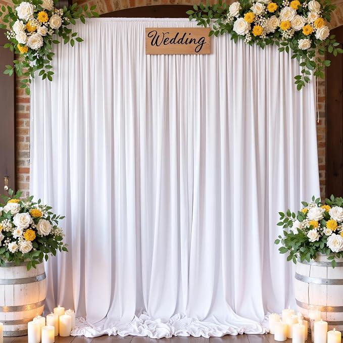 10FTx12FT White Wrinkle-Free Wedding Backdrop Curtain -Silky Washable White Polyester Drapes for Baby Showers, Birthday Parties, Photography, and Wedding Receptions-2 Panels 5FTx12FT