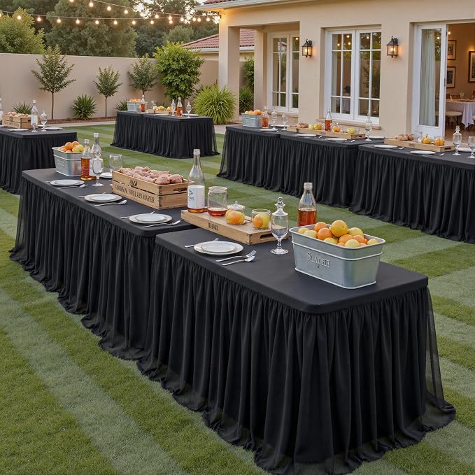 leegleri 2 pk 8ft Black Tulle Tablecloth for Rectangle Tables, 2-in-1 Table Covers with Tulle Skirt,Wrinkle Free Stretchy Ruffle Tulle Table Cloths Fitted for Wedding Party Banquet Vendor
