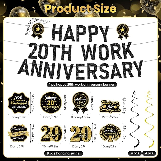 11pcs 20 Year Work Anniversary Decorations Black Gold Happy 20th Work Anniversary Banner Hanging Swirls Employee Appreciation Decorations Supplies 20 Year Workiversary Gifts for Employee Worker