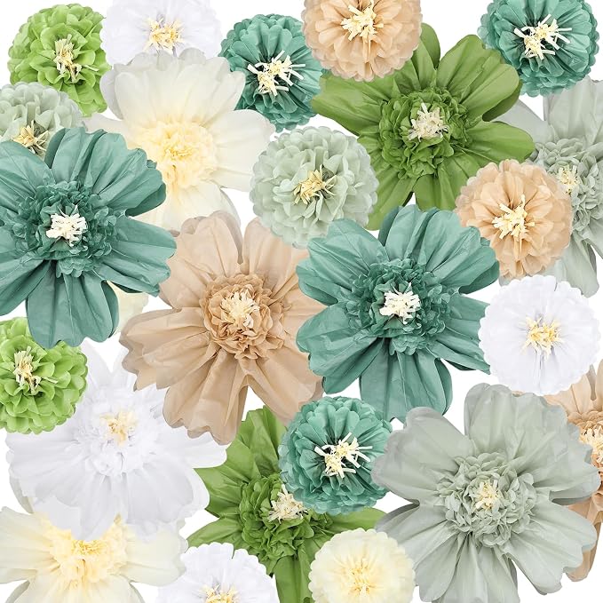Crowye 12 Pcs Large Colorful Tissue Paper Flowers Decorations Giant Fiesta Craft Crepe Paper Flowers for Wall Decor Backdrop Mexican Wedding Birthday Carnival Party (10'' 20'',Green Color)