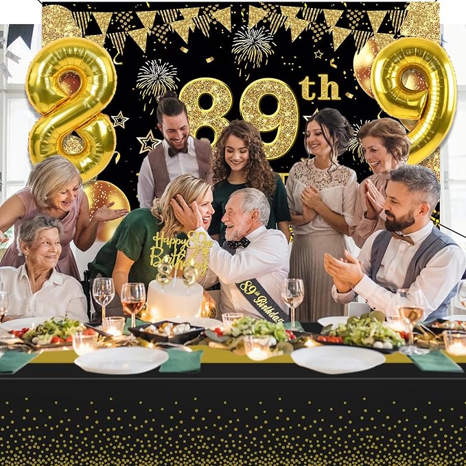 89th Birthday Decorations Men Women with 89th Birthday Banner, Black and Gold Table Cloth, Number Balloons, Sash, Cake Topper and Candles