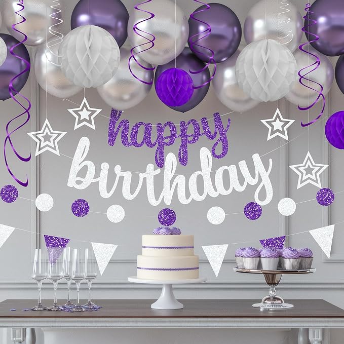 Purple and Silver Birthday Party Decorations Set - Happy Birthday Banner Balloons Foil Curtains Hanging Swirls for Women Girls Birthday Party Supplies