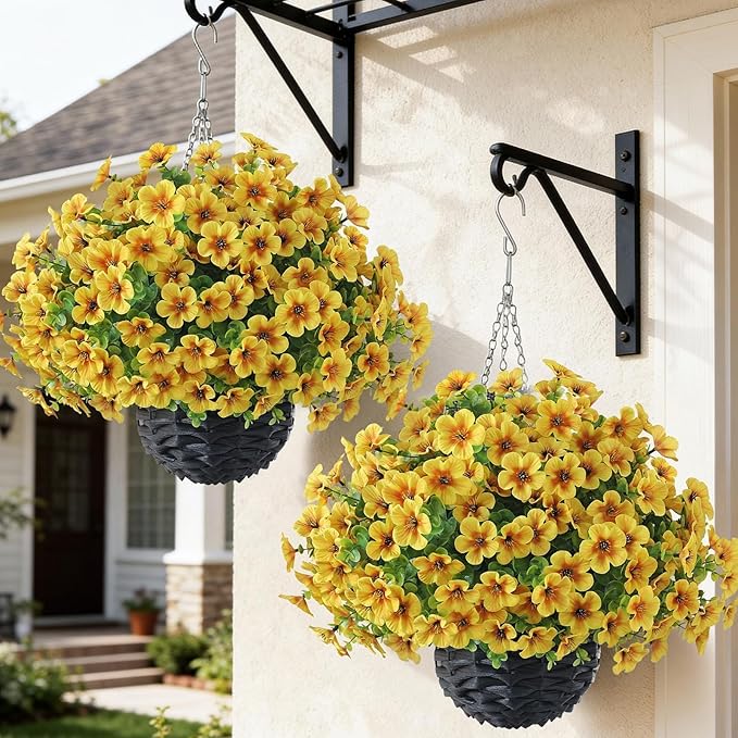VIERENA 2 Sets Artificial Morning Glory and Eucalyptus Hanging Basket for Outdoor, UV-Resistant Fake Flower Hanging Basket, Suitable for Porch, Aisle, Garden, Patio, Eaves Decor (Yellow)