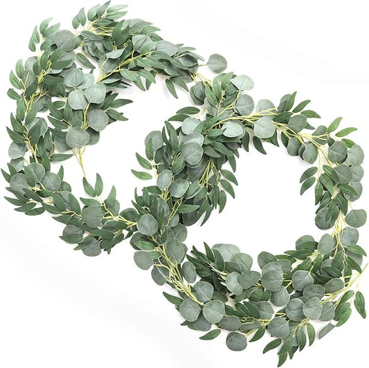 Ling's Moment Eucalyptus Garland for Table, 5.9ft Green Fake Eucalyptus Wreaths with Willow, 2pcs Real Touch Leaf Garland for Wedding Centerpieces Arch Rehearsal Dinner Bridal Shower