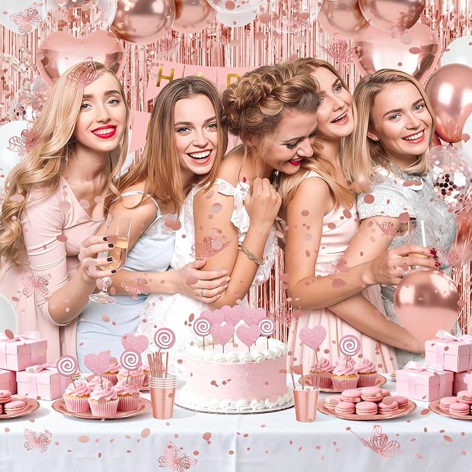 Rose Gold Butterfly Birthday Decorations Kit, All in One Pink Happy Birthday Banner Fringe Curtain Heart Foil Balloons Tableware Set, Girls Women Birthday Party Supplies Backdrop Decor