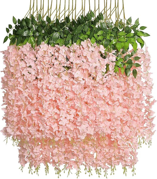 Pauwer Wisteria Hanging Flowers 24 Pack Fake Flower Garland Artificial Wisteria Vines Rattan Silk Flower String Wedding Party Wall Decorations,Blush Pink