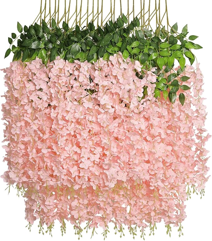 Pauwer 12 Pack Fake Flowers Wisteria Artificial Flower Garland Silk Wisteria Hanging Flowers Vine Rattan String Artificial Flowers for Home Garden Wedding Party Decorations,Blush Pink