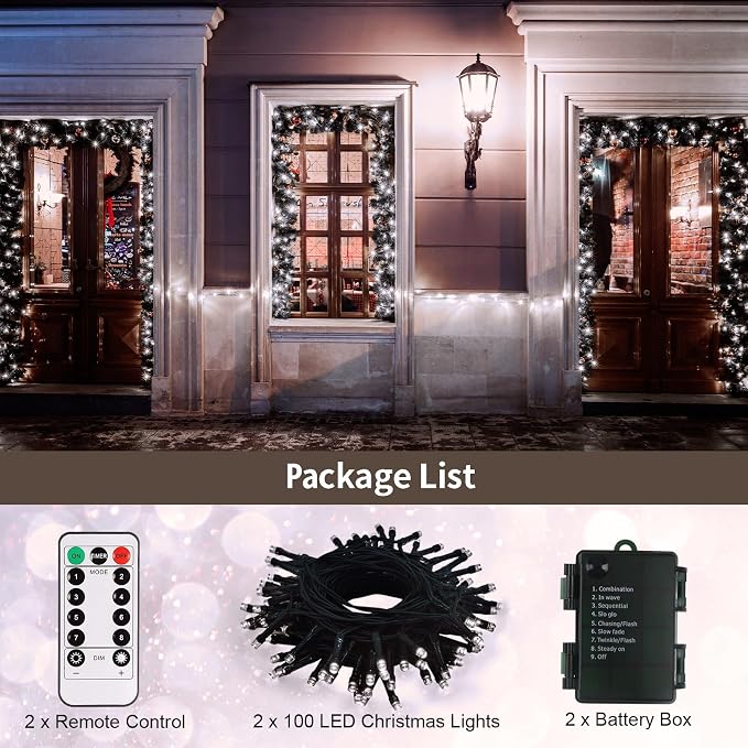 echosari 2 Pack Battery Operated Christmas Lights 16ft Green Wire 50 LED Fairy String Light with Remote, Timer, 8 Modes, Dimmable for Indoor Outdoor Xmas Tree Wedding Party Decor (Cool White)