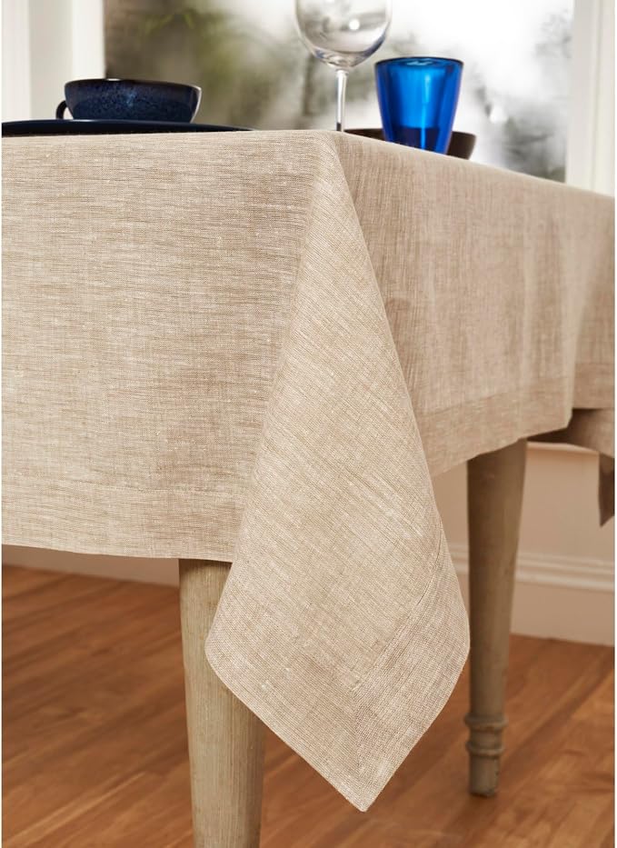 Solino Home Linen Tablecloth 60 x 156 Inch - 100% Pure Linen Champagne Beige Table Cloth for Rectangular Tables - Athena, Machine Washable Cloth Tablecloth for Summer