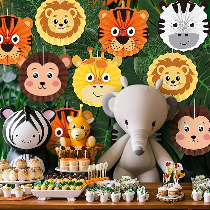 20 Pcs Jungle Animal Hanging Paper Fans Decorations, 12 Inches, Jungle Safari Animal Theme Paper Fan Ceiling Decoration for Safari Wild Zoo Baby Shower Birthday Party Decor