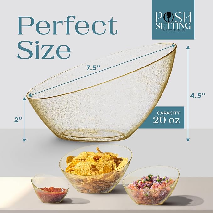 Posh Setting - Gold Plastic Serving Bowls for Party Angled Bowls Disposable Chip Bowls Candy Bowls for Party Table Salad and Fruit Bowls for Wedding Serving Bowls - Gold Glitter, 20 OZ, 5 Pack