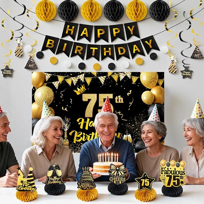 Happy 75th Birthday Party Decoration: Including Birthday Banner Backdrop, Party Table Centerpieces and Hanging Swirl Party Streamers, Birthday Decor for Men and Women (Gold/Black, 75th Birthday)
