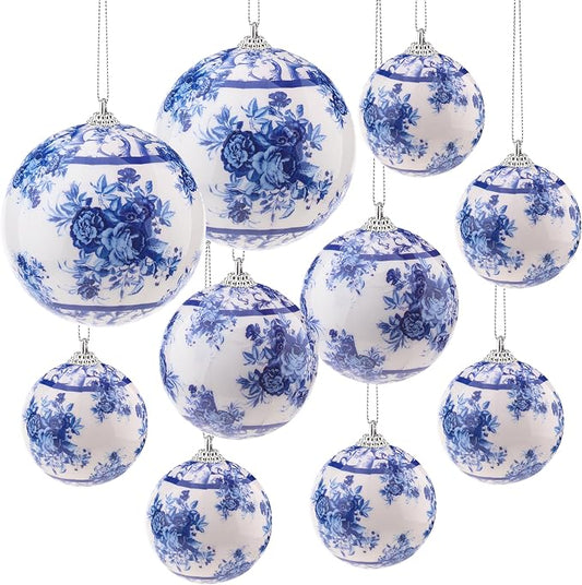 10 Pcs White Blue Christmas Chinoiserie Ornaments Ball Christmas Porcelain Plastics Balls Hanging Decoration for Home Tree Xmas Party Birthday Wedding (Elegant Style)