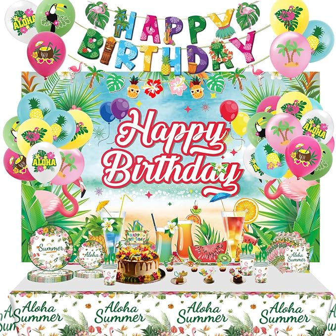 164Pcs Hawaii Themed Happy Birthday Party Decorations, Plates Napkins Cups Tableware, Tropical Aloha Backdrop Tablecloth, Happy Birthday Banner, Cake Topper, Colorful Printed Balloons for Kids Adults