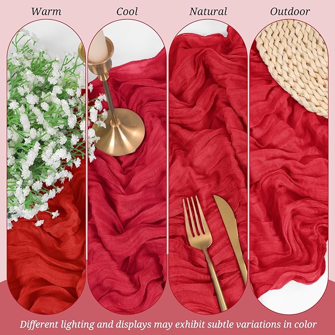 10 Pack Cheesecloth Table Runner Red, Rustic Boho Gauze Fabric Table Runner Romantic Table Runner for Wedding, Festival, Birthday, Anniversary, Dinner and Outdoor Events (17.7 x 108 inch)