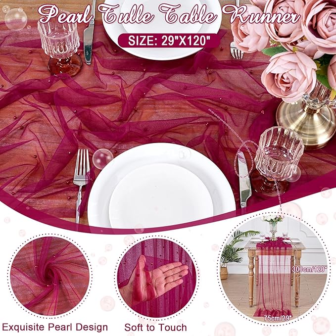 LuoluoHouse Pearl Tulle Table Runner Fabric - Burgundy 10ft Wedding Veil Seasonal Dessert Chiffon Pearl Lace Boho Overlay Wedding Aisle Runner Party Decorations Doilies