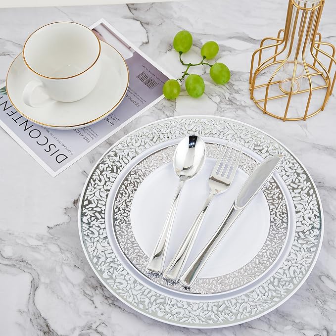 𝟐𝟏𝟎 Count Silver Plastic Dinnerware, Silver Disposable Plates, Includes 30 Dinner & 30 Dessert Plates & 30 Cups & 30 Paper Napkins & 30 Plastic Silverware Set