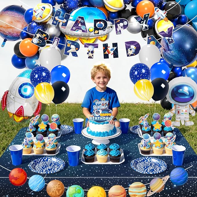 Outer Space Party Decorations, 109pcs Space Birthday Decorations Set Includes Galaxy Birthday Banner Balloons Tablecloth Cake Decorations etc