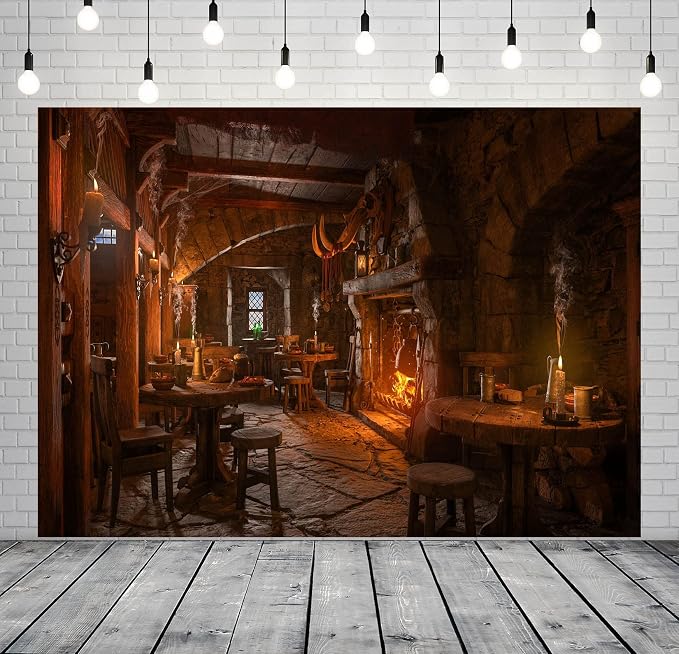 BELECO 8x6ft Fabric Medieval Tavern Backdrop for Photography Wooden Interior Candle Light Fireplace Ancient Tavern Inn Bar Restaurant Background for Party Decorations Photo Booth Studio Props