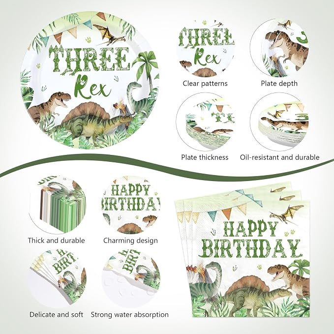 170Pcs Dinosaur 3rd Birthday Party Supplies Three Rex Dinosaur Plates Napkins Cups Forks Knives Spoons Tablecloths Watercolor 3 Rex Tableware Set for Boy Dino 3 Year Old Birthday Decorations Serves 24