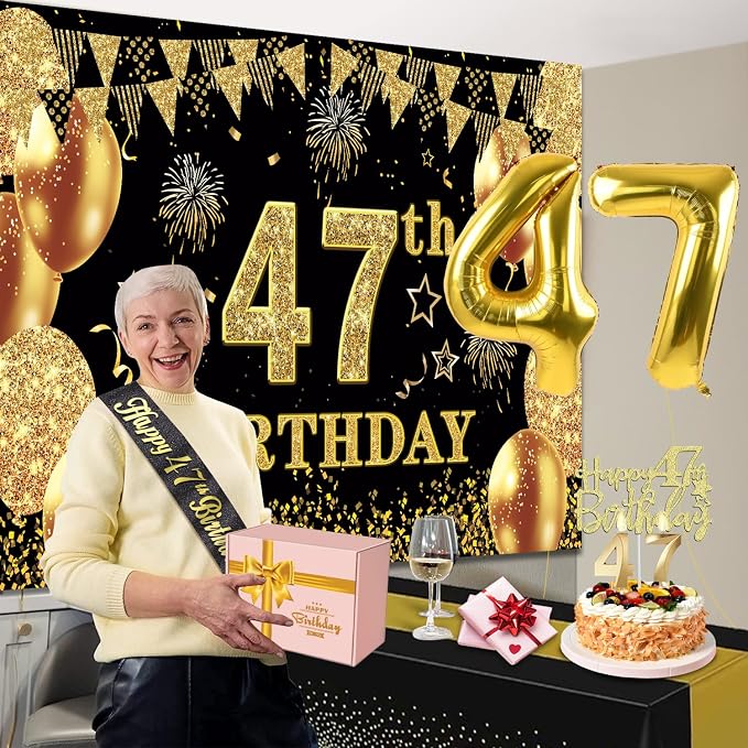 47th Birthday Decorations Men Women with 47th Birthday Banner, Black and Gold Table Cloth, Number Balloons, Large Sash, Cake Topper and Candles