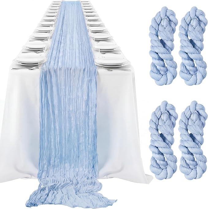 LemonRoad 4 Pcs 20ft Cheesecloth Table Runners Extra Long Boho Rustic Gauze Fabric Cheese Cloth Runner for Wedding Decorations Baby Shower Party Supplies Boho Table Bridal Shower Decor (Light Blue)