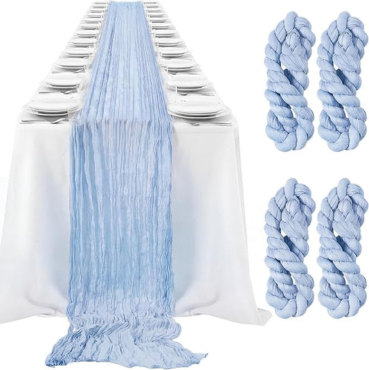 LemonRoad 4 Pcs 20ft Cheesecloth Table Runners Extra Long Boho Rustic Gauze Fabric Cheese Cloth Runner for Wedding Decorations Baby Shower Party Supplies Boho Table Bridal Shower Decor (Light Blue)