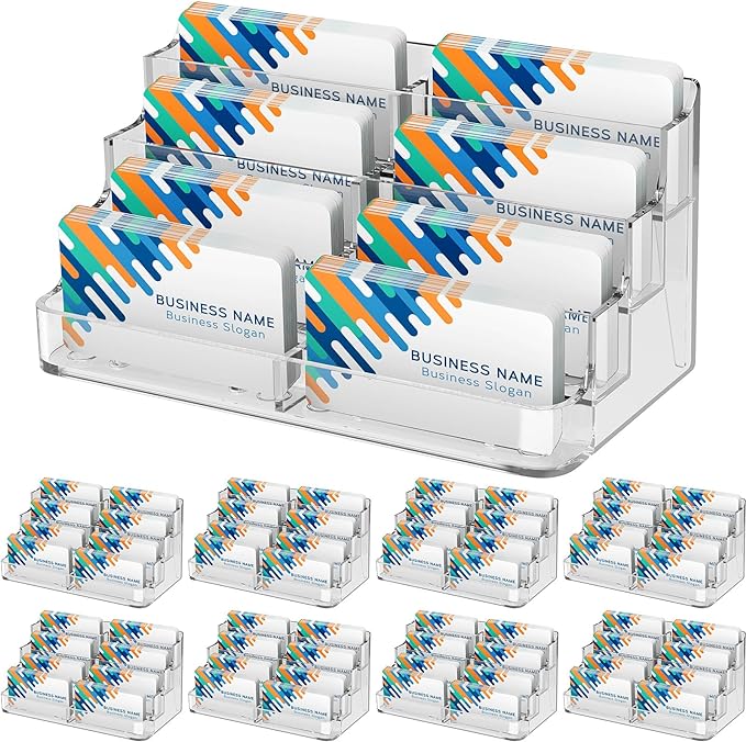 MaxGear 8 Pack Acrylic Business Card Holder for Desk, Clear Desktop Business Card Display Stand with 8 Pockets, 4-Tier Freestanding Card Organizer for Office, Reception, Countertop
