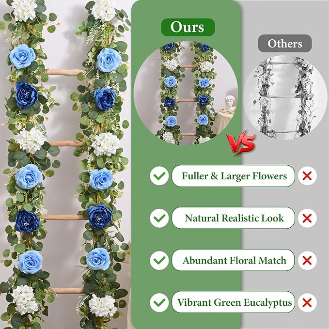 Livole 6 FT Artificial Flower Garland Real Touch Fake Blue Floral Rose Peony Garland with Eucalyptus Flower Hanging Vine for Wedding Table Centerpieces Backdrop Party Arch Home Decorations