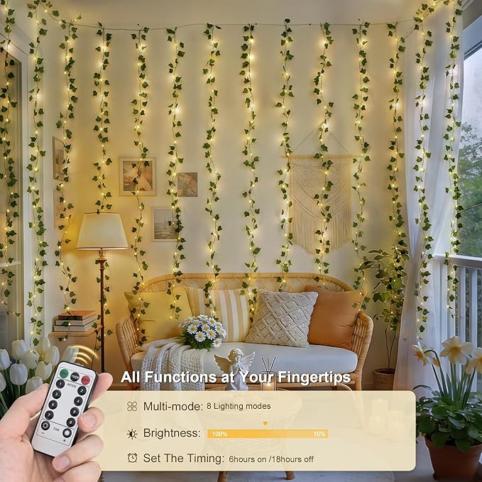 JMEXSUSS 200 LED Ivy Vine Lights, Fairy Curtain Lights USB & Battery Operated with Remote, 6.5x6.5ft Vines with Fairy String Lights for Bedroom, Dorm, Classroom, Wedding, Indoor, Outdoor Decor