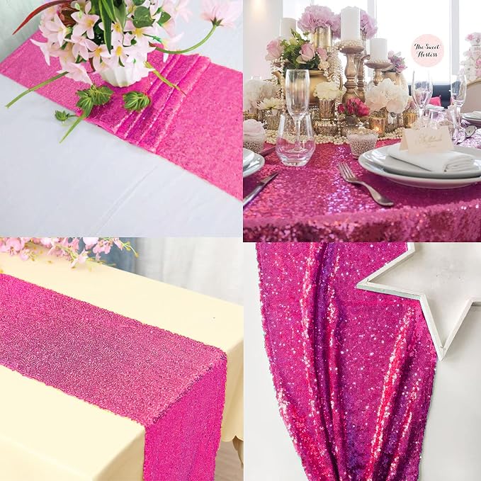 12 Packs 12 X 72 Inch Hot Pink Sequin Table Runner Glitter Dining Table Runner for Birthday Wedding Engagement Bridal Baby Shower Bachelorette Holiday Celebration Party Supplies Decorations (Hot Pink)
