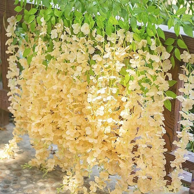5 Pack Champagne Wisteria Hanging Flowers Garland, 3.77 Feet Artificial Flower Vines, Fake Wisteria, Artificial Vines Hanging Garland for Backdrop Outdoor Yard Garden Decor