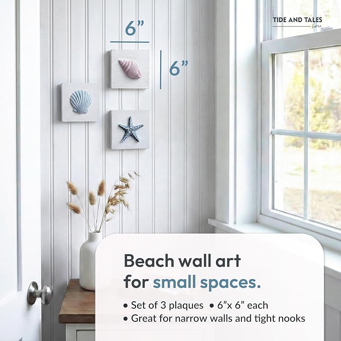 Tide and Tales 3D Beach Wall Art - Seashell with Starfish for Coastal Bathroom Decor, Ocean Inspired Decor for Bathroom, Coastal Bedroom, Living Room or Beach House, Set of 3 (6”x 6”)