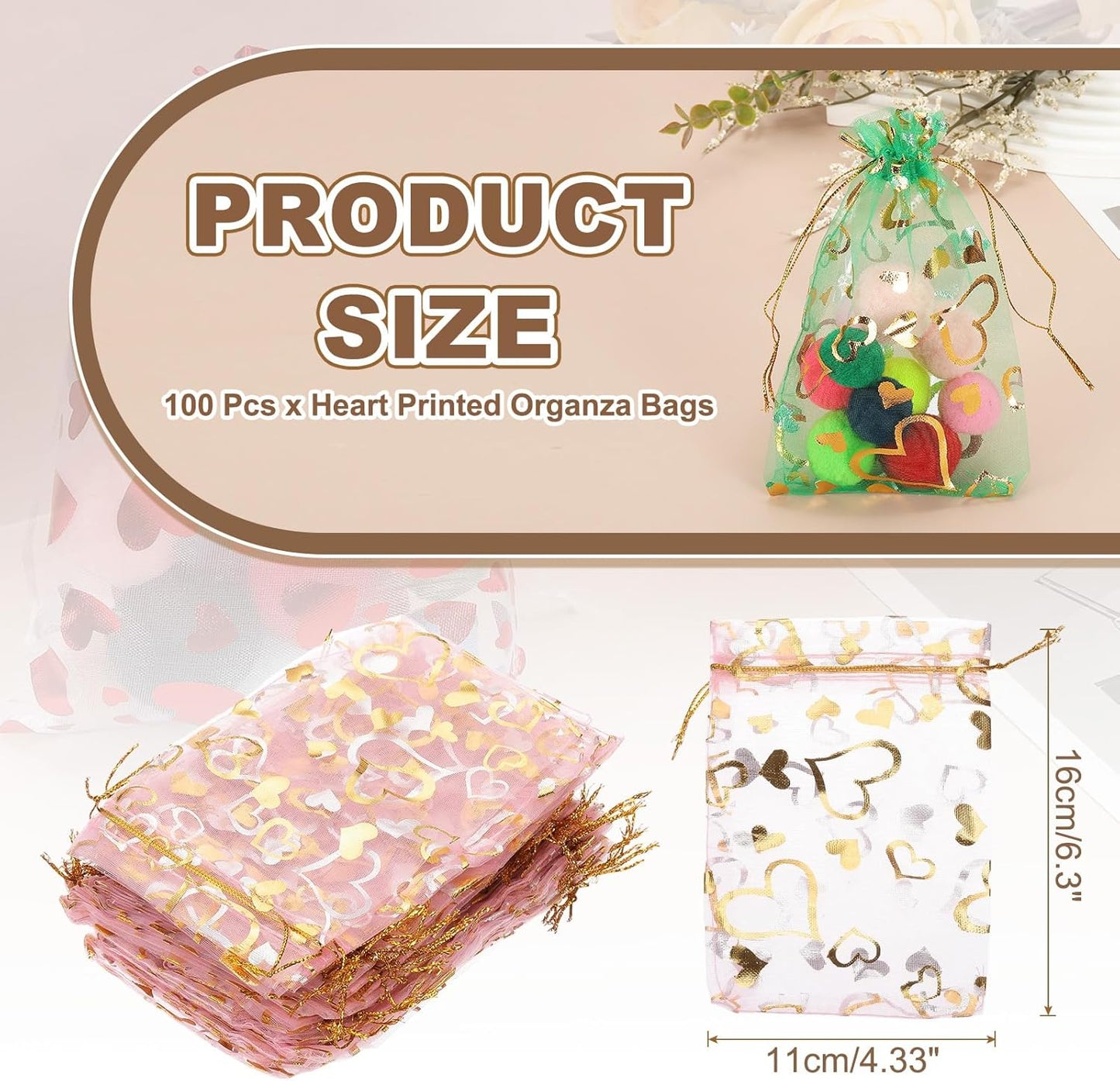 PATIKIL 100 Pcs 4x6 Inch Heart Printed Organza Bags, Pink Sheer Heart Organza Bags with Drawstring for Christmas Candy Jewelry Party Wedding Favor Gift