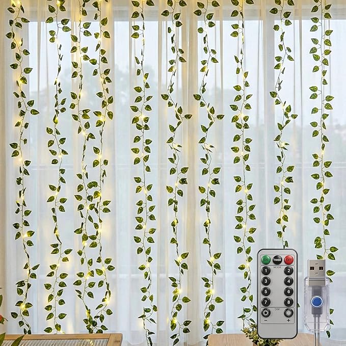 Bexdir 200 LED Curtain Vine Lights for Bedroom Decoration, 6.6x6.6ft Pre-Assembled Hanging Fake Vines with Fairy Lights USB Powered, Aesthetic Artificial Pothos Lights for Room Wall Decor