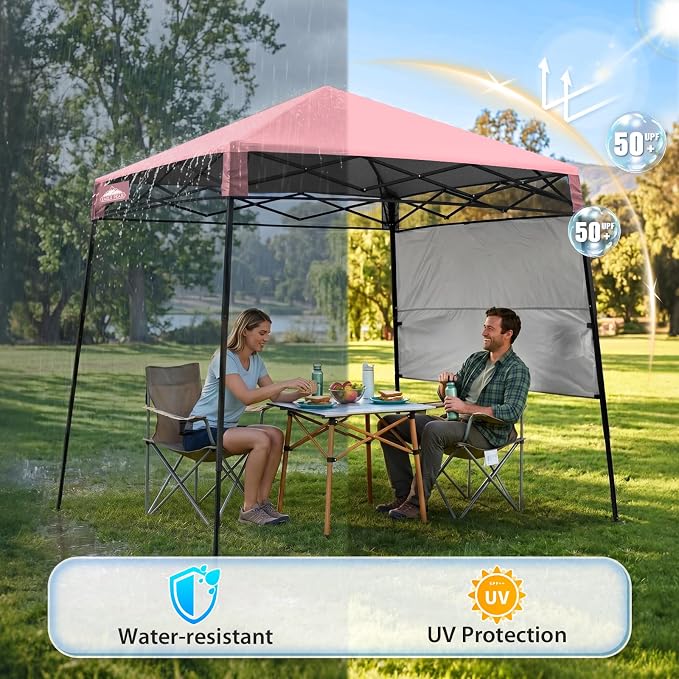 EAGLE PEAK 8x8 Pop Up Canopy Tent with Sidewall, Compact, Portable Slant Leg Instant Sun Shelter for Beach, Sports, & Camping, 8x8 Base 6x6 Top, Tender Pink