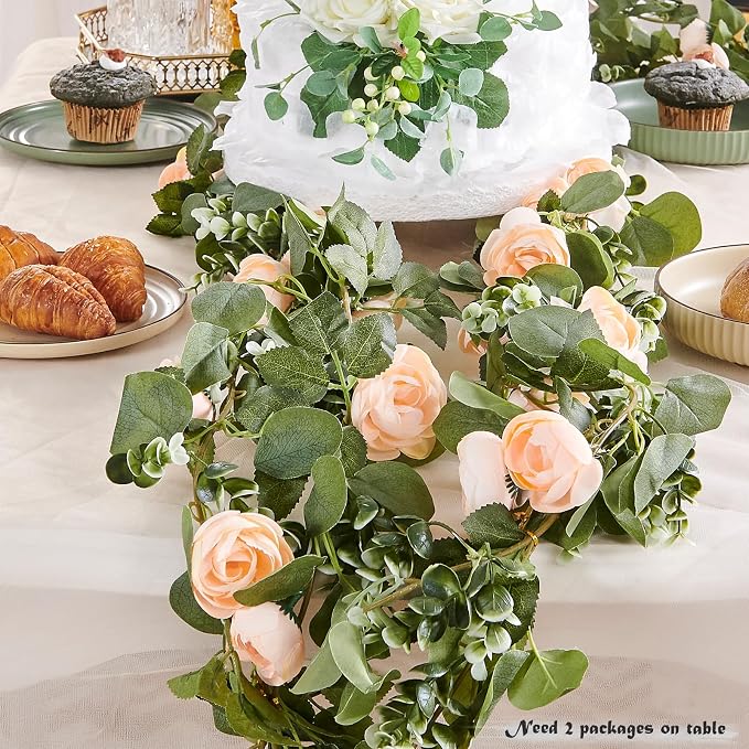 PONKING Flower Garland Artificial Rose Vine Flowers Hanging Fake Roses Vines for Wedding Birthday Party Valentines Christmas Room Wall Arch Decor, 2 Off White Floral Garland Decorations